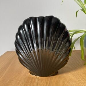 Vintage Black Ceramic Shell Vase Japan Art Deco Revival